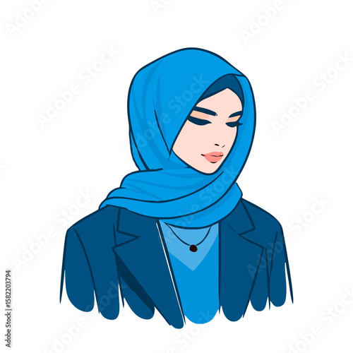 Stylish young woman wearing a blue hijab and jacket.