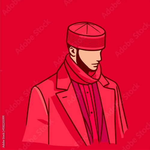 Profile view of a man in a vibrant red outfit, featuring a traditional hat and scarf.