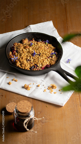 Homemade Fruit Crumble Dessert in Cast Iron Skillet