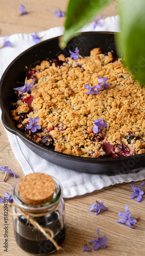 Homemade Fruit Crumble Dessert in Cast Iron Skillet