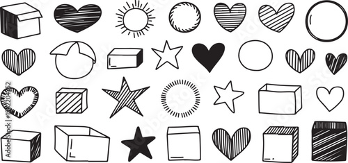 Black and white illustrations of various shapes, including hearts, stars, circles, and boxes. These abstract doodles could be used in design projects