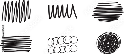 Diverse hand-drawn scribble strokes, various forms, and design elements
