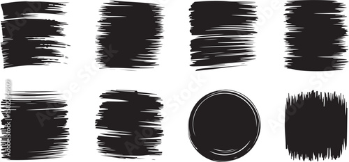 Eight Unique Black Brush Strokes and Shapes. A captivating display of hand-painted black brushstrokes and shapes on a contrasting background.