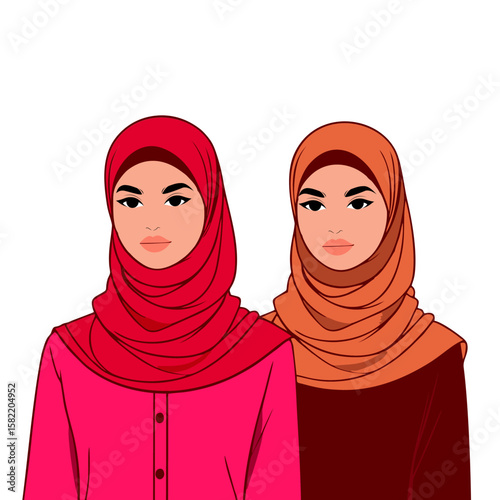 Two women wearing hijab head coverings, depicted in profile view, showcasing different colors.