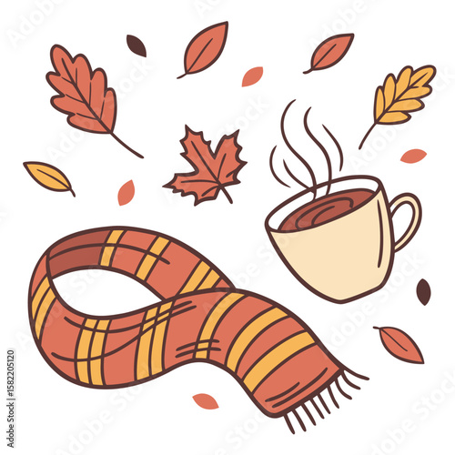 Cozy autumn vibes a warm mug of steaming coffee or hot chocolate sits beside a plaid scarf surrounded by falling colorful autumn leaves