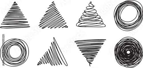 Collection of hand-drawn geometric shapes: triangles, circles, and spirals. Perfect for design elements or backgrounds.