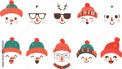 Collection of Cute Snowman Faces with Hats and Accessories on White Background