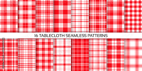 Table cloth seamless background. Gingham tartan pattern. Red picnic lumberjack tablecloth. Set plaid prints. Kitchen fabric backdrop. Checkered cloth textile. Buffalo kilt texture. Vector illustration