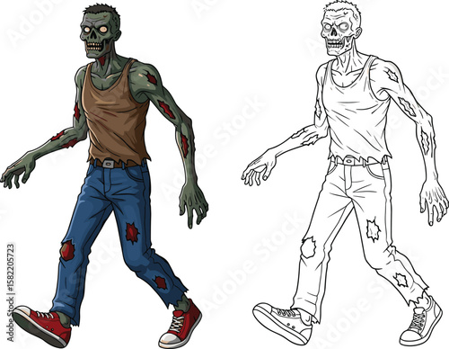 Walking zombie cartoon character with colored and outline version, undead illustration, horror vector art, Halloween creepy costume design for comics