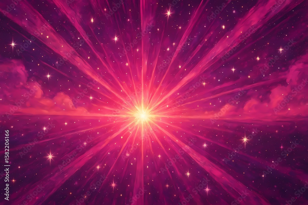 Fototapeta premium 추상 별빛 방사형 효과, 생동감 넘치고 환상적인 보랏빛 우주 느낌, 빛나는 별과 마법 질감 디자인