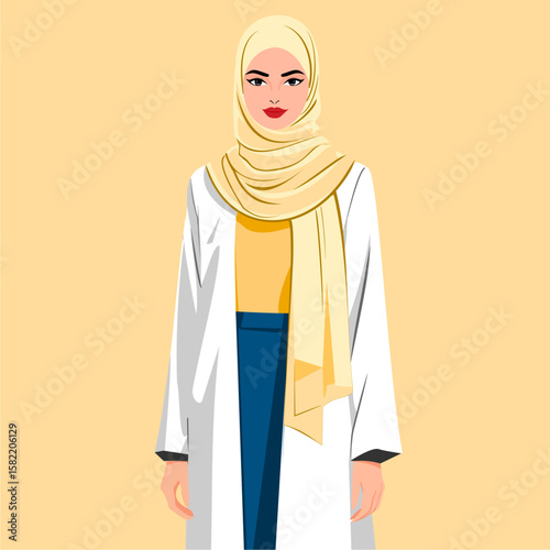 A stylized illustration of a woman wearing a hijab and a white abaya, presented against a pale yellow background.