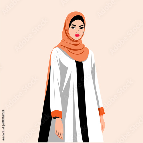 Elegant woman in a stylish white abaya and peach hijab, confidently posed against a pale background.