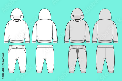 Kidswear Hoodie and Jogger Tracksuit color way set flat sketch outline CAD mockup template Front and Back views.