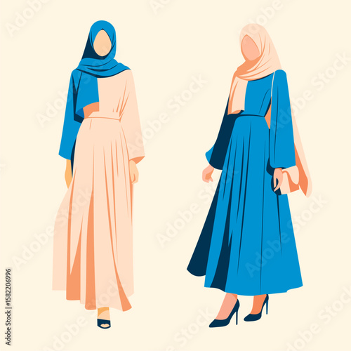 Two women in elegant, modern hijab fashion, one in blue and beige, the other in blue and peach.