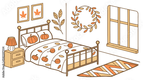 Cozy bedroom decorated for autumn with a bed featuring pumpkin bedding framed leaf art a leaf wreath a bedside lamp and a patterned rug