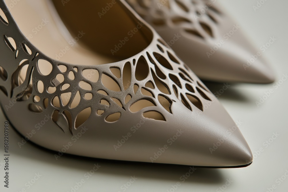 Fototapeta premium Close-up of elegant, laser-cut, light taupe leather heels.