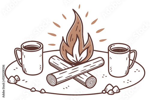 Cozy scene of a campfire with two mugs of hot beverages logs and scattered pebbles evoking warmth and relaxation