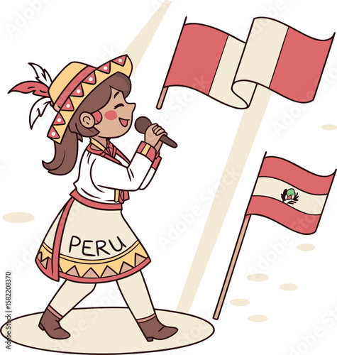 peruvian girl singing with national flags art