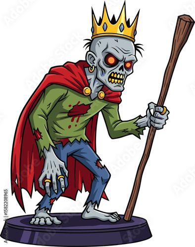 Zombie king cartoon character, undead royalty with crown and staff, scary Halloween illustration, creepy walking corpse, vector monster design