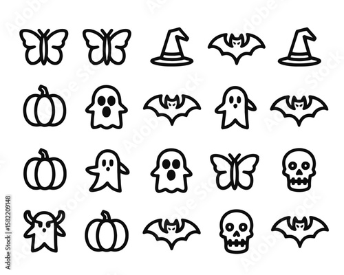 "Black & White Halloween Symbols - Cute Bat, Cat & Candy Vector Pack"


