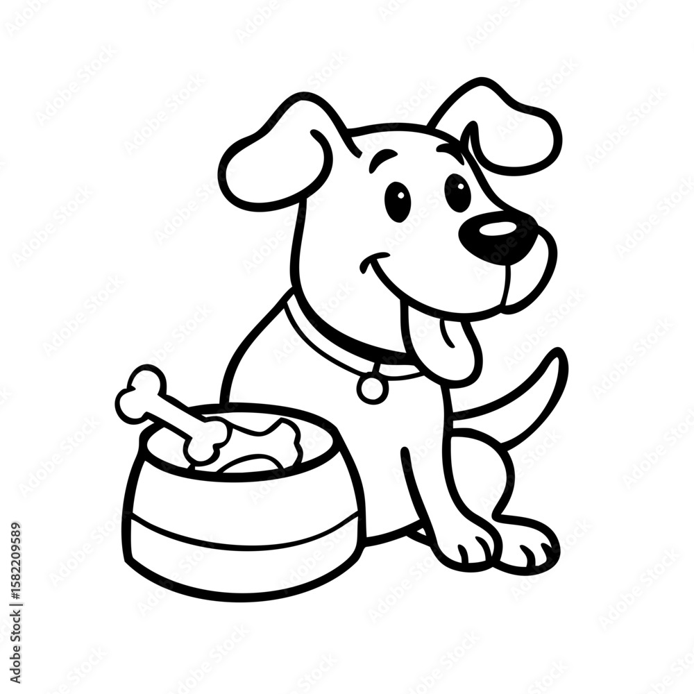 Fototapeta premium Happy dog cartoon character with bowl food and bone 