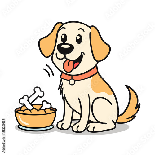 Happy dog cartoon character with bowl food and bone 