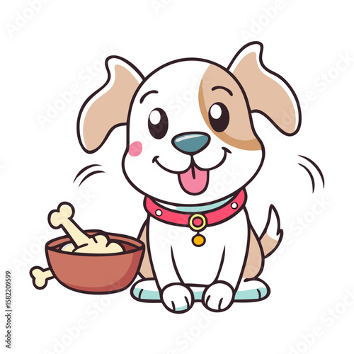 Happy dog cartoon character with bowl food and bone 