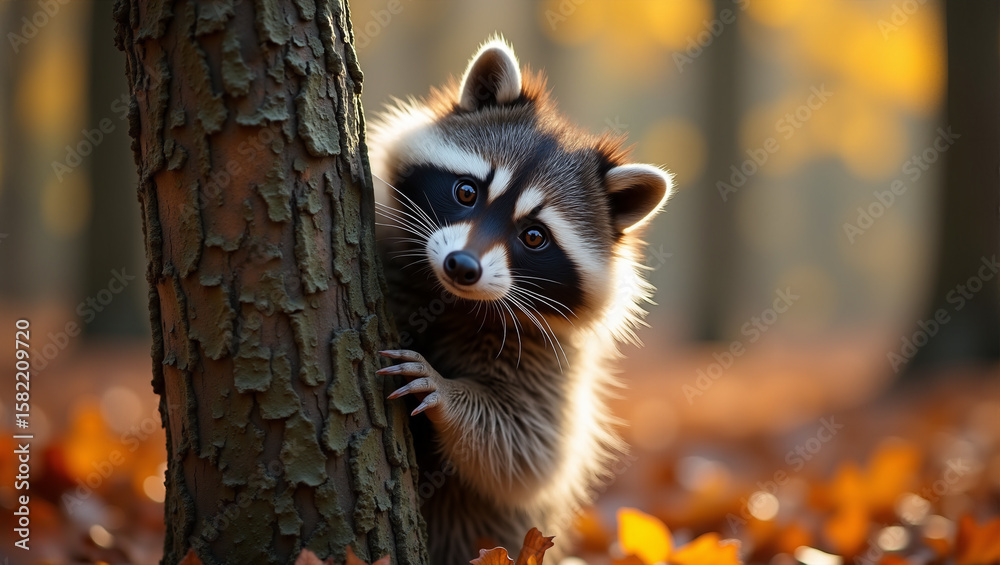 Fototapeta premium In the forest in late fall, a curious raccoon lies on a tree trunk