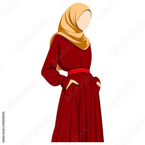 Illustration of a woman wearing a hijab and red dress, hands in pockets.