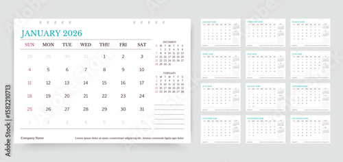2026 year calendar. Planner calender template. Table schedule grid with 12 month. Week starts Sunday. Yearly stationery organizer. Horizontal monthly diary layout. Vector simple illustration
