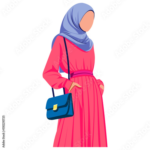 Illustration of a woman wearing a hijab and a pink dress, with a blue purse, standing against a white background.