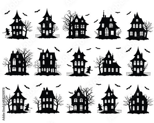 Halloween Village Icons - Gothic Architecture with Warm Glow Effects