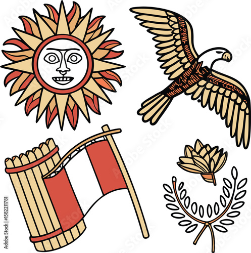 peruvian culture sun eagle flag flower branch art