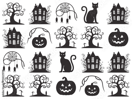 Black Halloween Vector Set - 5x4 Grid of Haunted Houses & Glowing Jack-O-Lanterns


