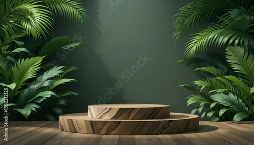 Round wood podium in lush indoor jungle backdrop