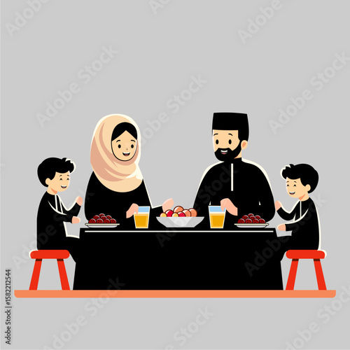 A Muslim family sits around a table, enjoying a meal together during a religious observance.