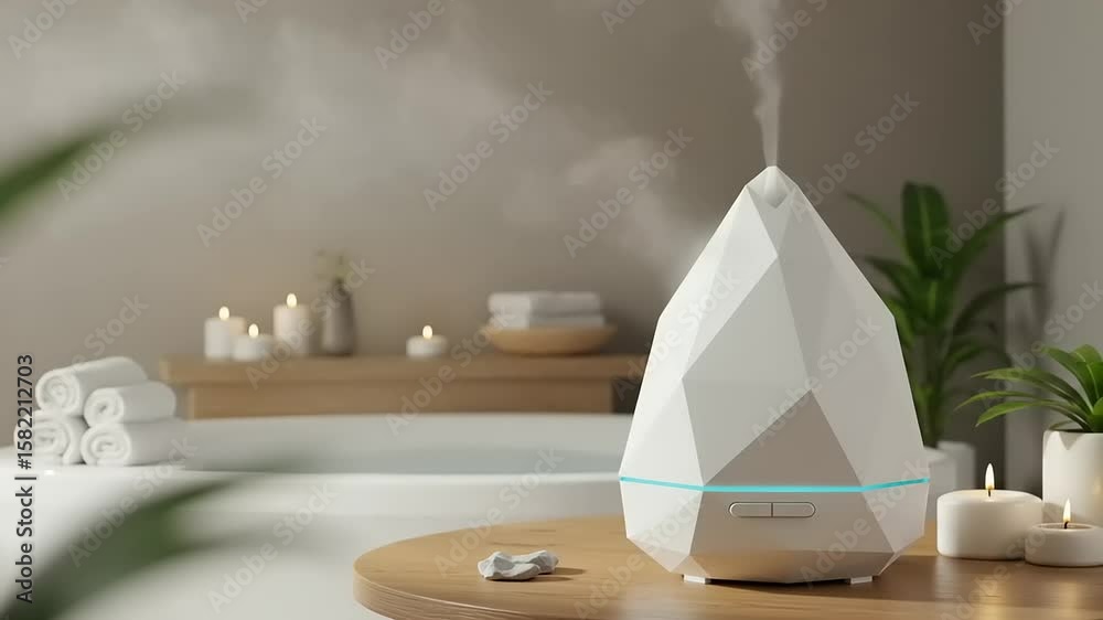 Modern diffuser in serene bathroom with candles and towels