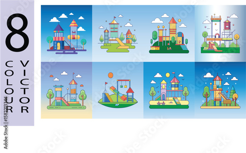 Flat Playground Illustration Kids Outdoor Fun and Park Activity Vector Icon Set