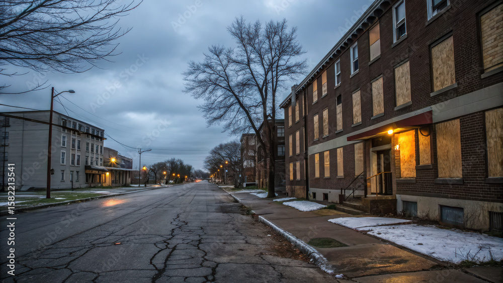 Fototapeta premium Empty city street with boarded up apartments at twilight, evoking sense of desolation
