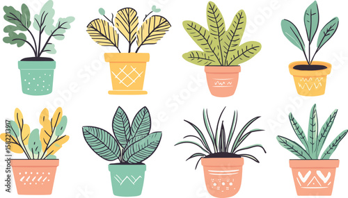 Collection of Cute Hand Drawn Potted House Plants on White Background