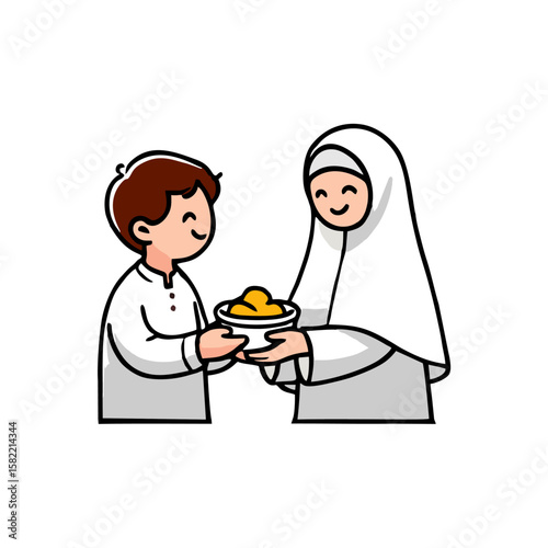 Muslim child receiving food from a woman in a hijab.