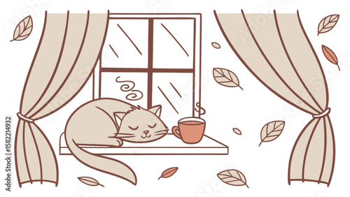 Cozy autumn scene with a sleeping cat on a windowsill next to a warm cup of tea surrounded by falling leaves and draped curtains