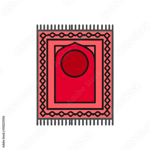 Red prayer mat with intricate design, used for Muslim prayer rituals.