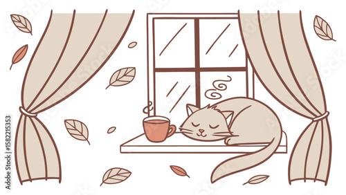 Cozy cat sleeping on a windowsill next to a warm cup of tea with falling autumn leaves outside the window and draped curtains