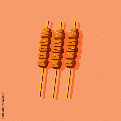 Colorful illustration of several skewers of satay, a popular dish.