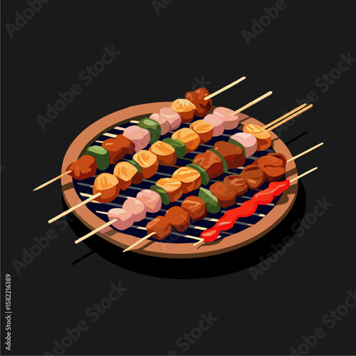 Colorful skewers of grilled meat and vegetables arranged on a wooden platter.