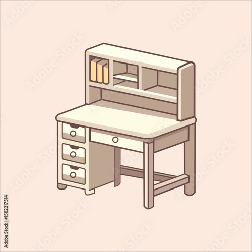 A stylized illustration of a light-colored wooden desk with a built-in hutch.