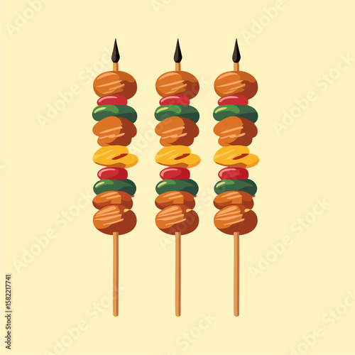 Three colorful skewers with various grilled food items, displayed against a pale background.