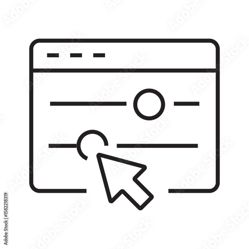 Outline icon of a website window with settings controls and a cursor, symbolizing web configuration or interactive UI customization. editable stroke. vector illustration