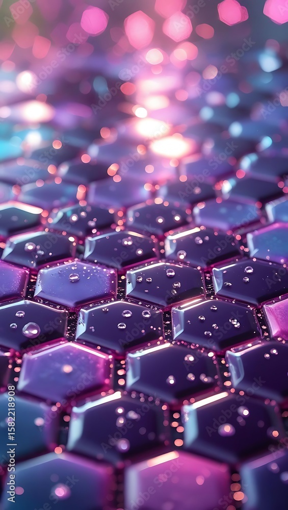 Fototapeta premium Abstract background of a purple hexagonal surface covered in water drops, with glowing pink bokeh lights. A futuristic technology or luxury concept.